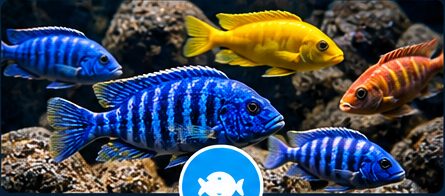 Mehrere farbenprächtige Malawi-Buntbarsche im Felsaquarium